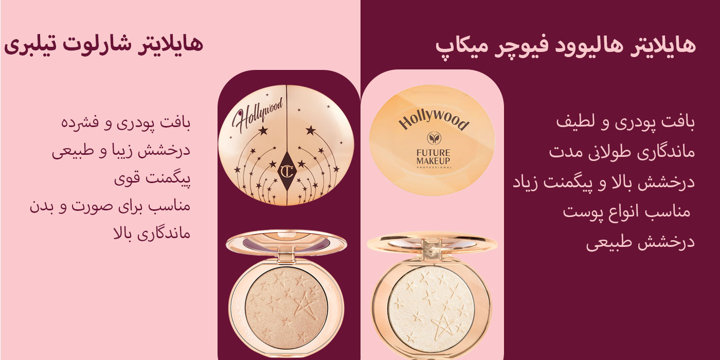 مقایسه هایلایتر هالیوود فیوچر میکاپ و هایلایتر هالیوود شارلوت تیلبری