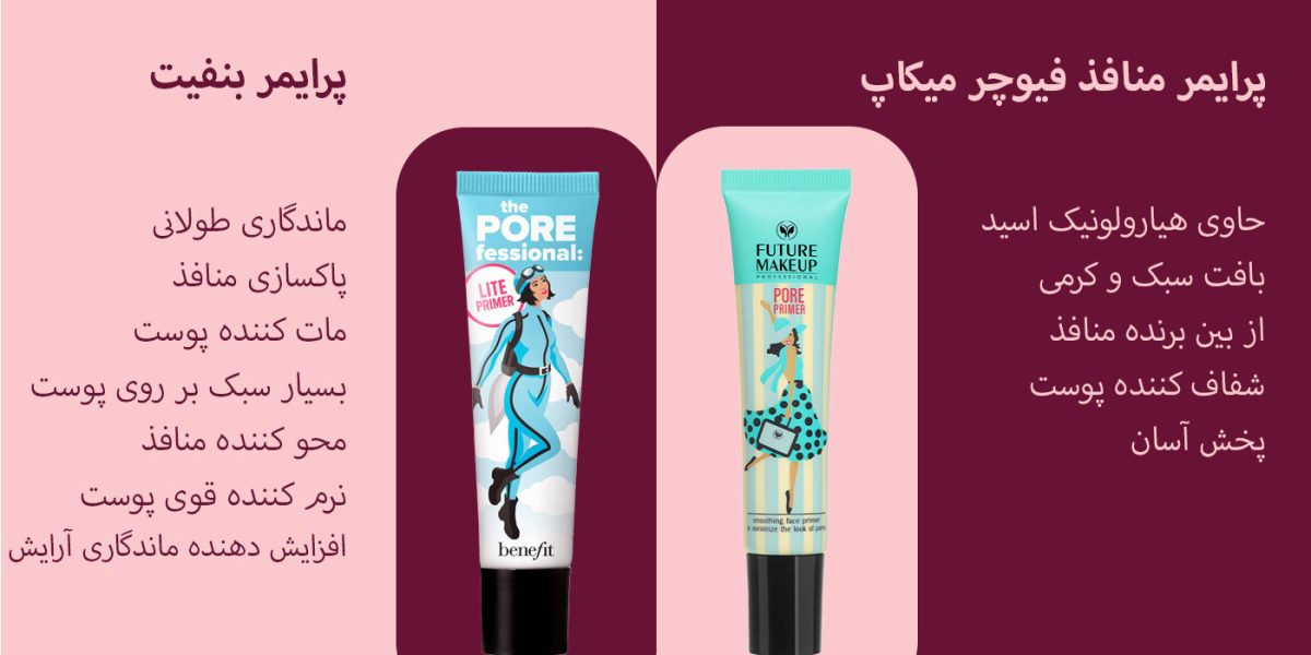 مقایسه پرایمر منافذ فیوچر میکاپ و کرم پودر بنفیت